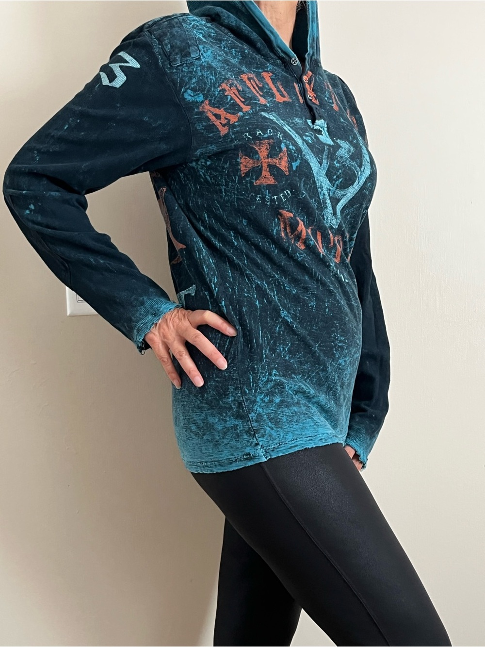 Affliction Women's Teal and Black Distressed Hoodie Sweatshirt - Picture 4 of 7